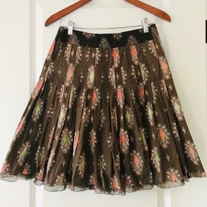 Gianni Bini Pin-tucked Pleated Brown & Orange Print Pull-on Skirt w Mesh Hem